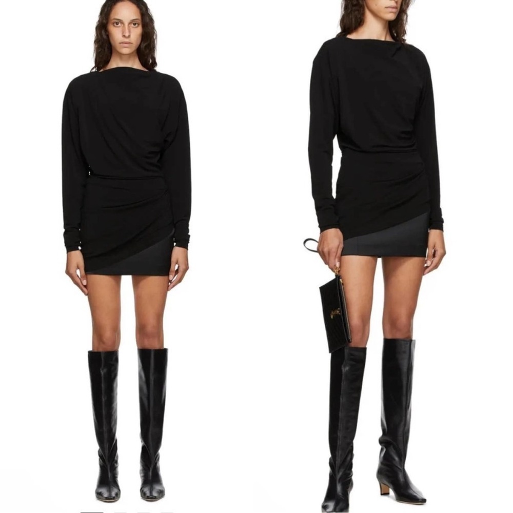 Gauge81 Ryazan Black Draped Asymmetrical Long Sleeve Boat Neck Mini Dress Medium